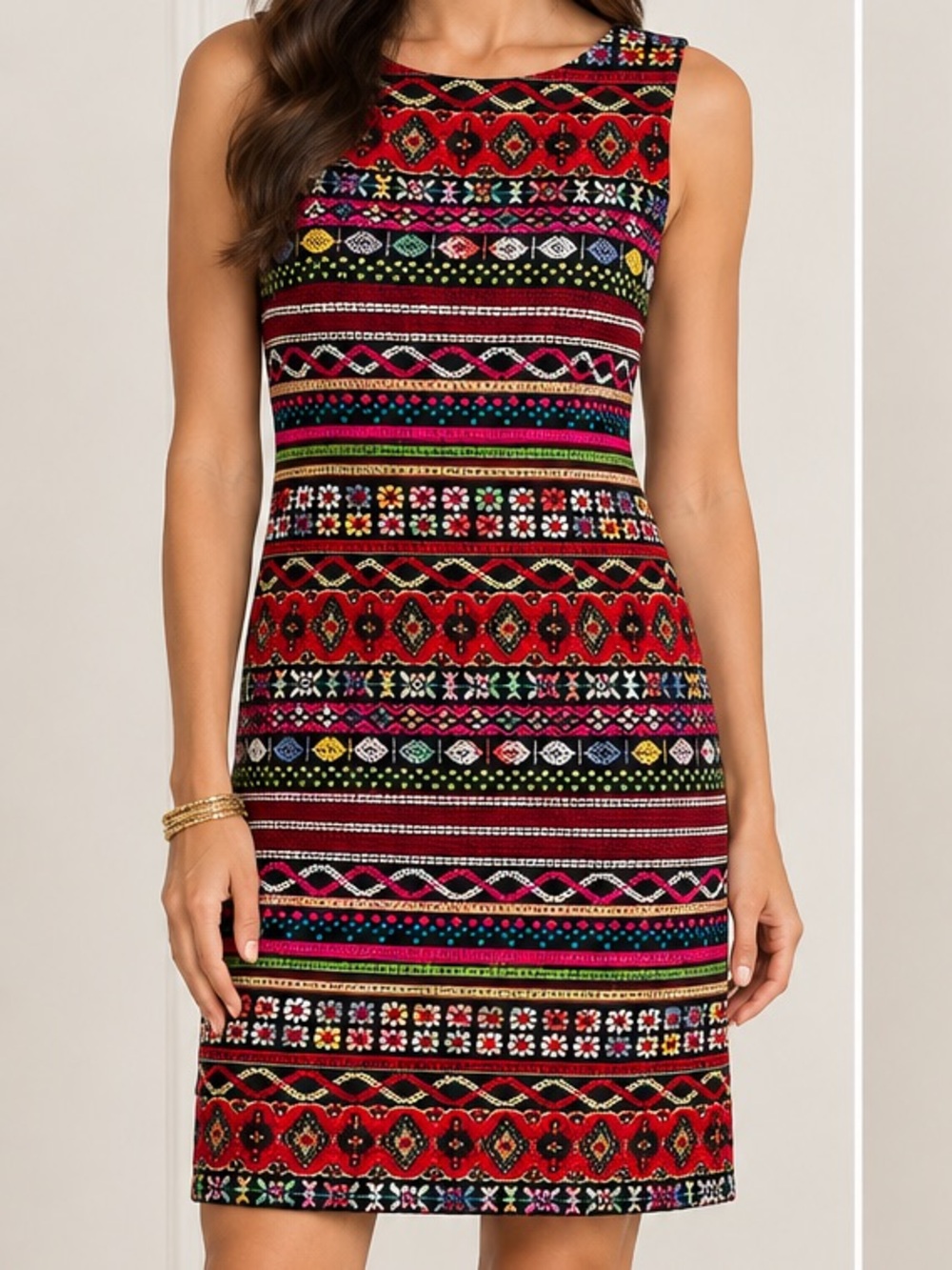 Chetta B Sleeveless Multicolor Patterned Woven Fabric Shift Dress - Red